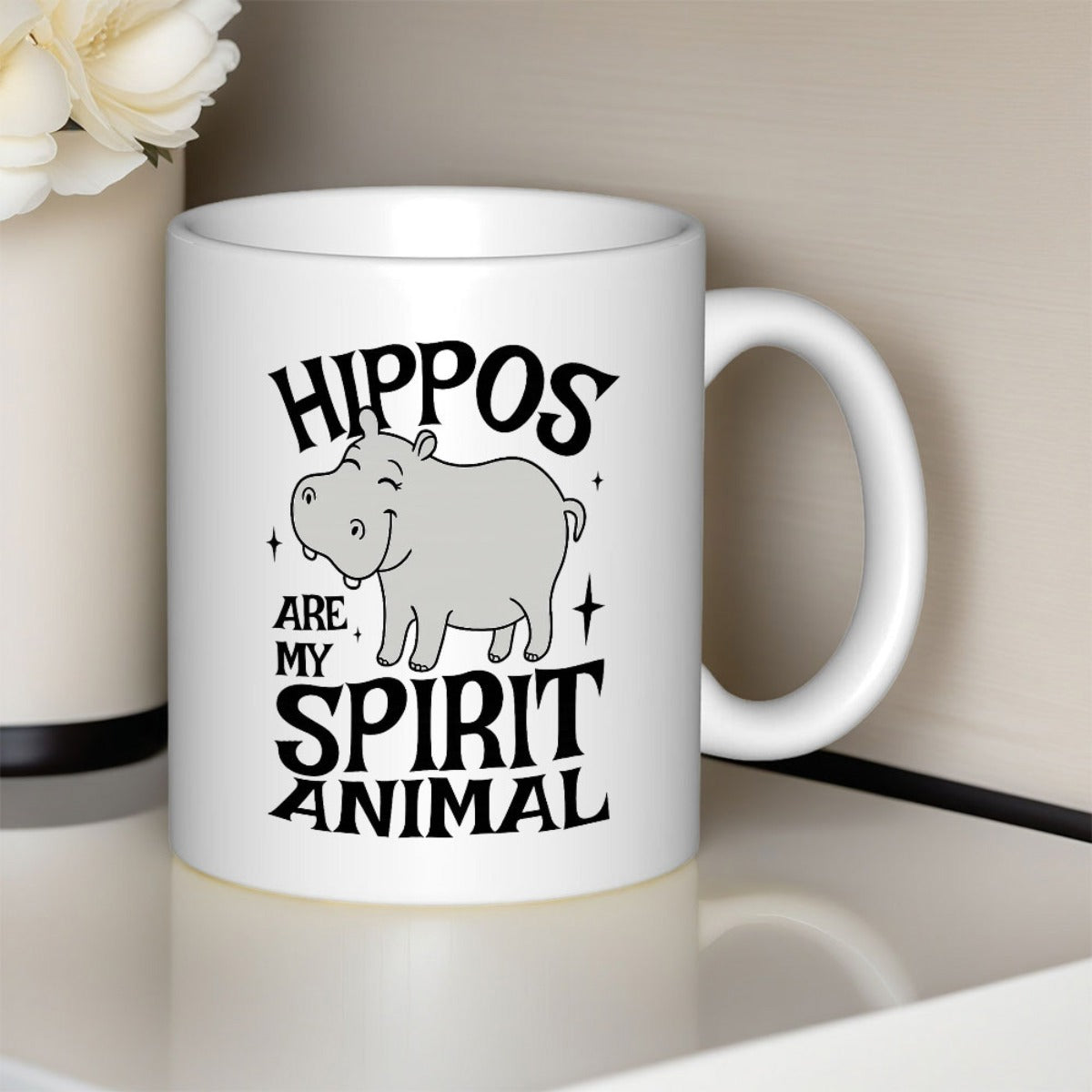 Tailorly White Ceramic 11 oz Mug - Hippos Are My Spirit Animal Minimalist Cartoon Style Smiling Animal Illustration With Small Twinkling Star Accents Hippo