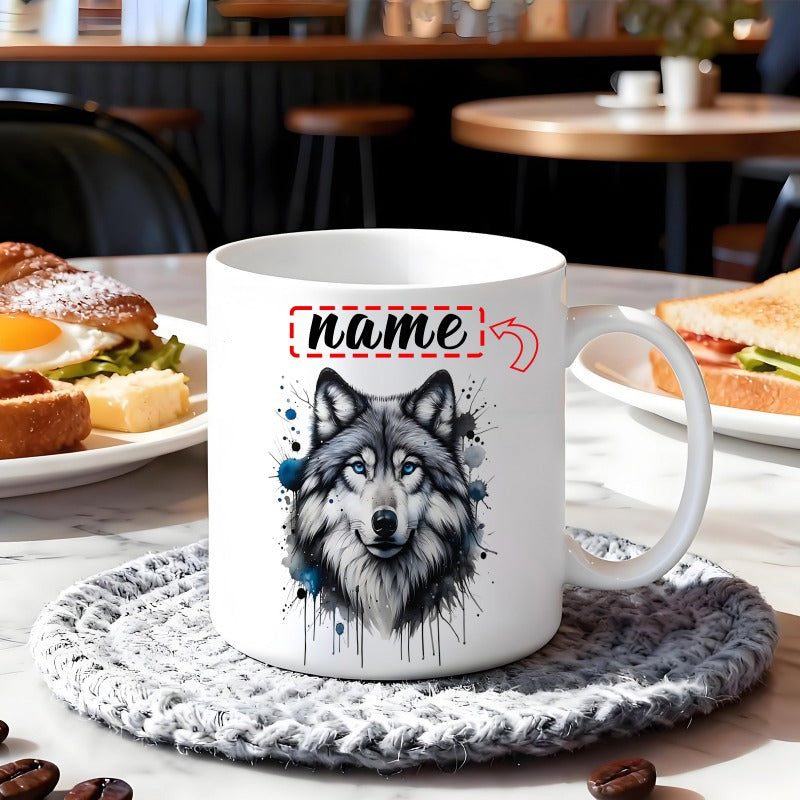 Tailorly White Ceramic 11 oz Mug - Name Sketchy Artistic Ink Splatter Design Showcasing A Detailed Majestic Forest Wild Wolf
