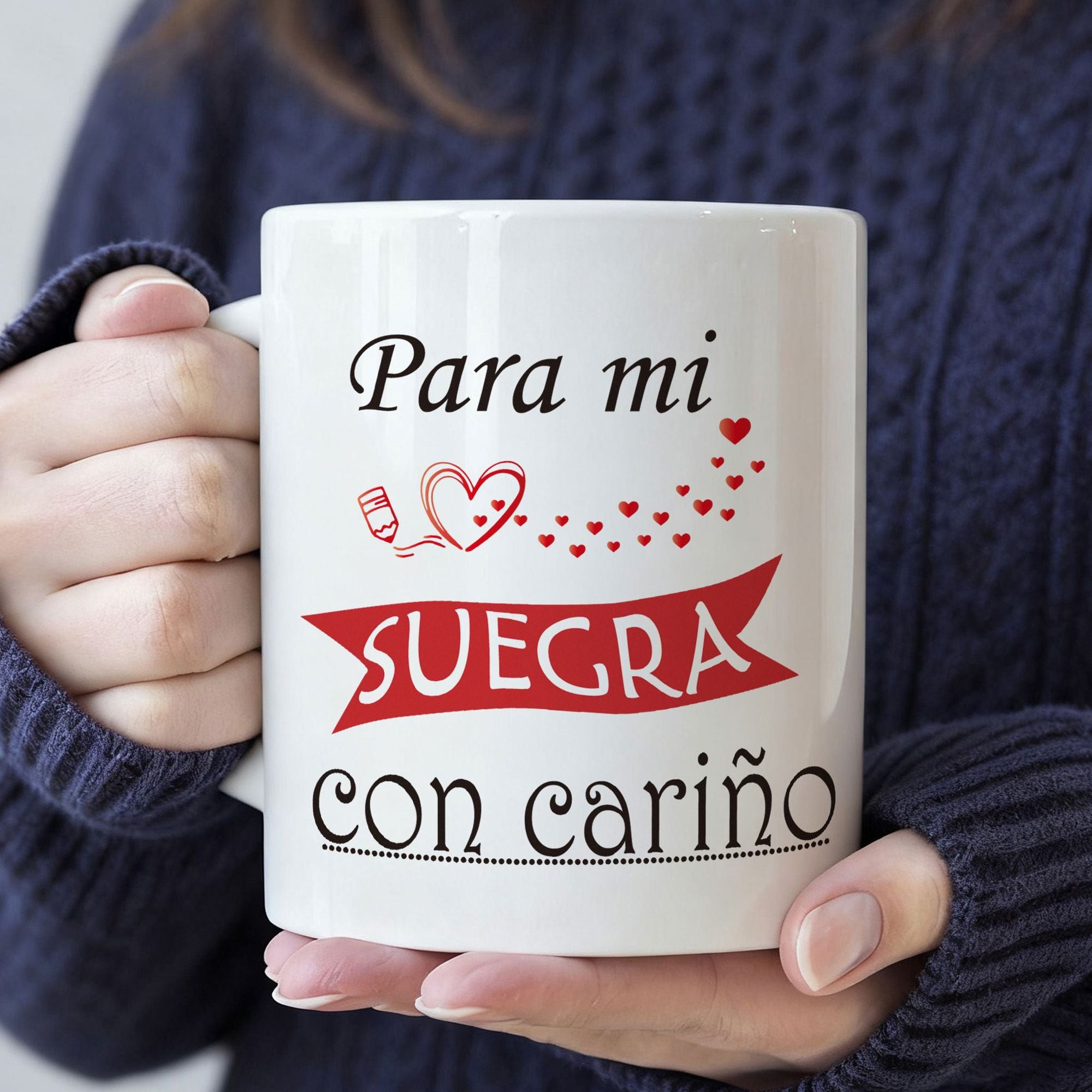 Tailorly White Ceramic 11 oz Mug - Floating Red Hearts And Classic Banner Design On Ceramic Coffee Mug