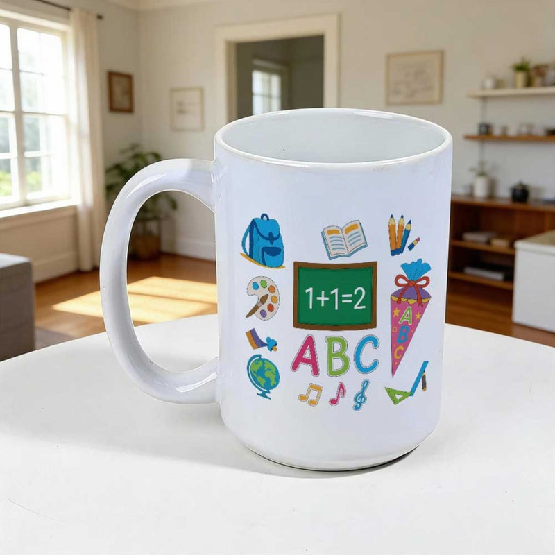 Tailorly White Ceramic 11 oz Mug - ABC Colorful Education Elements With Chalkboard Backpack Globe And Musical Notes Design