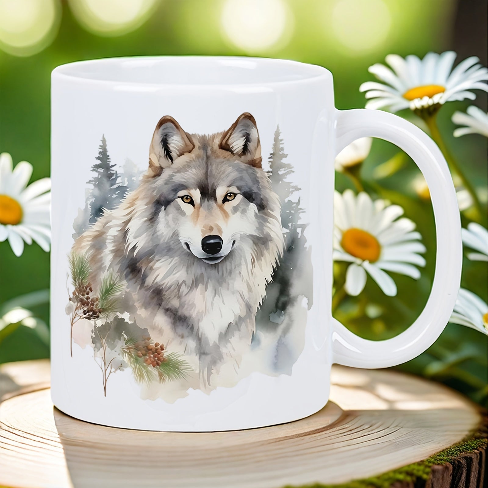 Tailorly White Ceramic 11 oz Mug - Artistic Watercolor Gray Animal Portrait Among Misty Forest Pine Trees Wolf