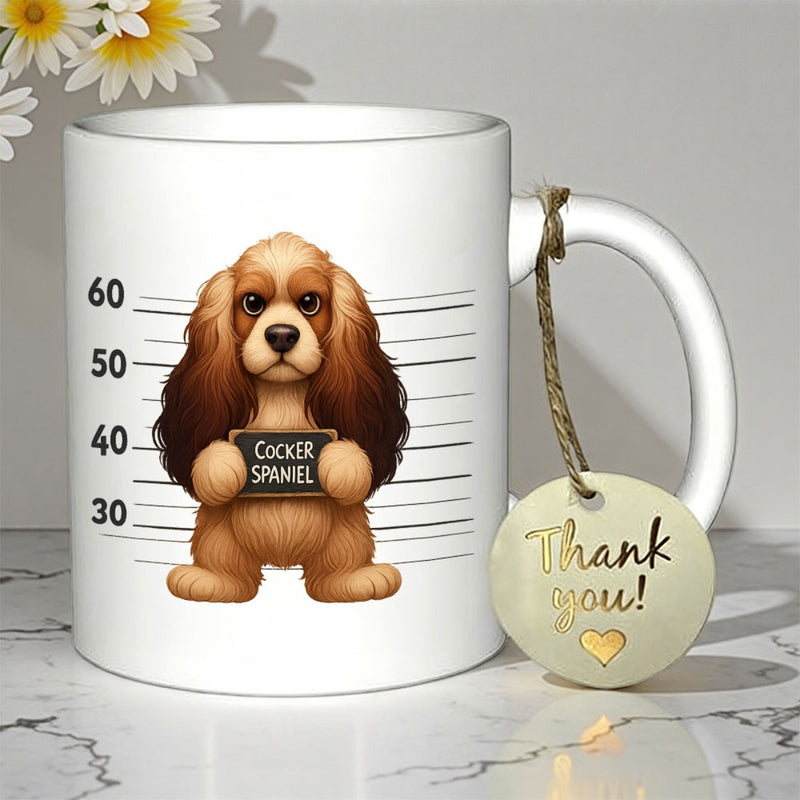 Tailorly White Ceramic 11 oz Mug - Cocker Spaniel Adorable Fluffy Puppy Holding Small Sign For Police Mugshot Dog