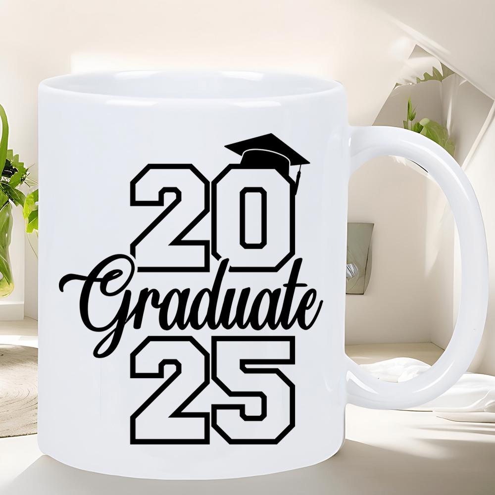 Tailorly White Ceramic 11 oz Mug - Graduate Elegant Script Text Between Large Bold Block Style Graduation Year Mortarboard