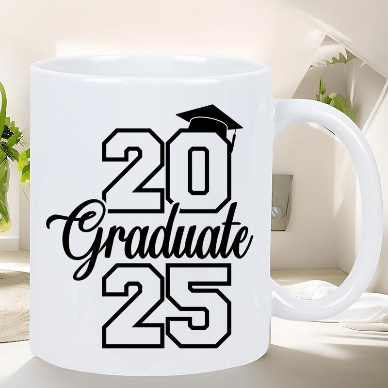 Tailorly White Ceramic 11 oz Mug - Graduate Elegant Script Text Between Large Bold Block Style Graduation Year Mortarboard