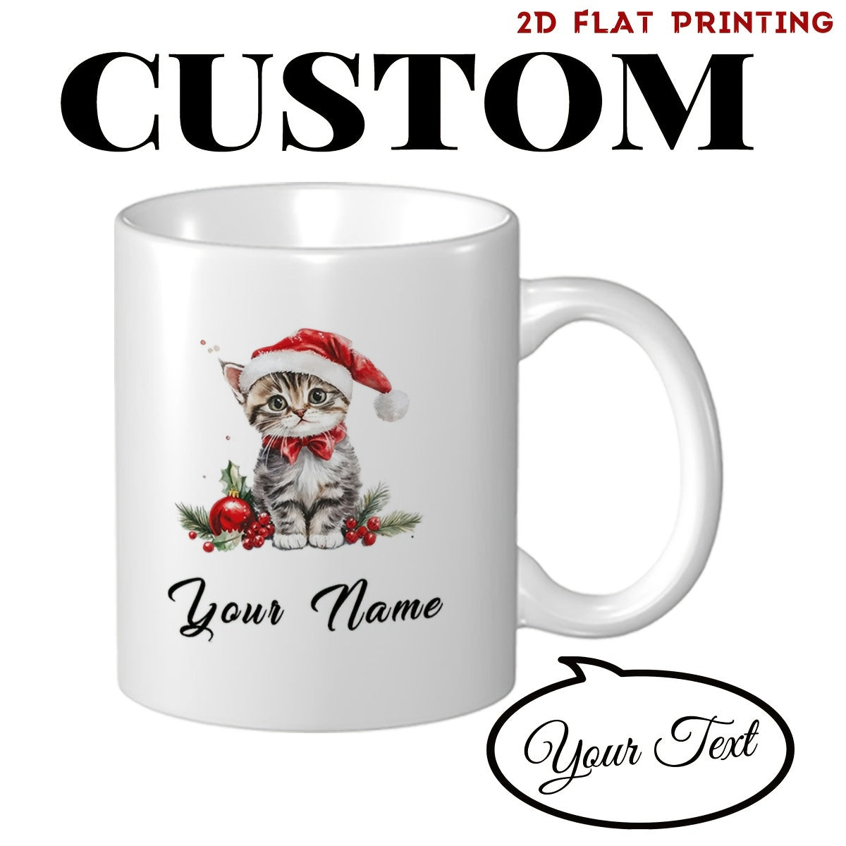 Tailorly White Ceramic 11 oz Mug - Custom Your Name Adorable Grey Tabby Wearing Festive Red Santa Hat Among Christmas Decorations Kitten