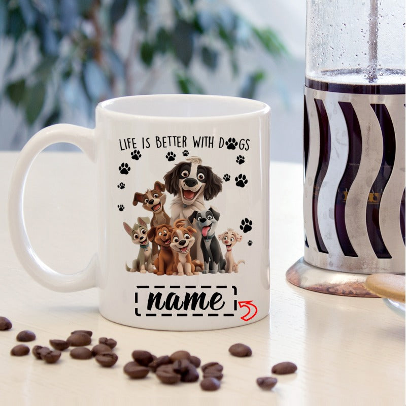 Tailorly White Ceramic 11 oz Mug - Life Is Better With Dogs Adorable Cartoon Puppies Sitting Together Surrounded By Tiny Black Paw Prints Dogs