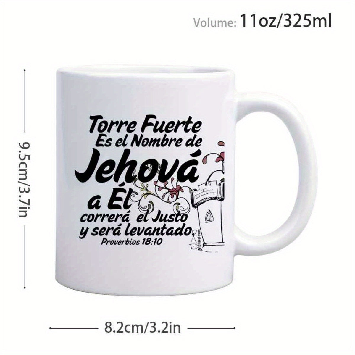 Tailorly White Ceramic 11 oz Mug - Elegant Religious Script With Delicate Floral Accents Featuring A Strong Tower