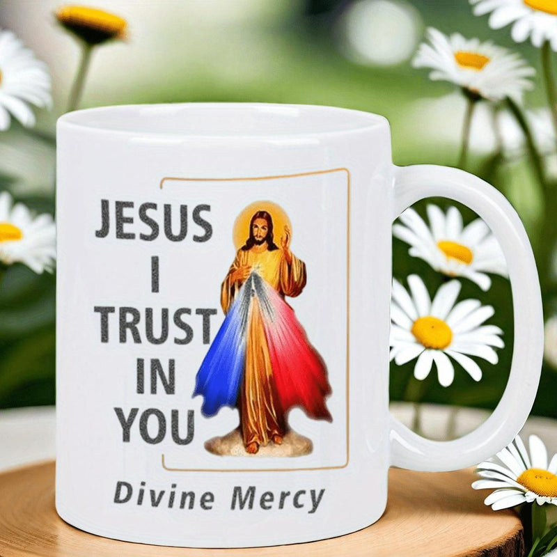 Tailorly White Ceramic 11 oz Mug - Jesus I Trust In You Divine Mercy Standing Figure Emitting Sacred Radiant Red And Blue Rays Of Light Jesus