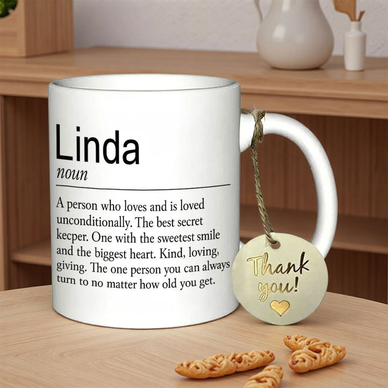 Tailorly White Ceramic 11 oz Mug - Linda Noun Definition Thank You Simple White Ceramic Body With Minimalist Black Printed Text Design Mug