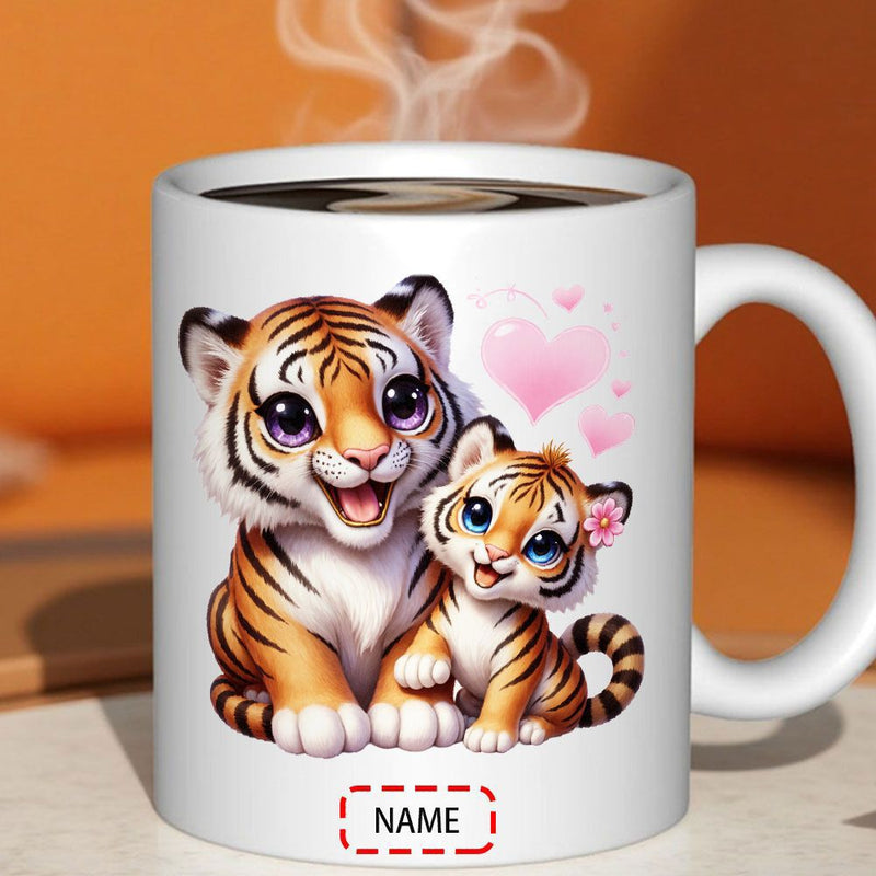 Tailorly White Ceramic 11 oz Mug - Adorable Parent And Baby Animal Among Floating Pink Hearts Cute Tiger