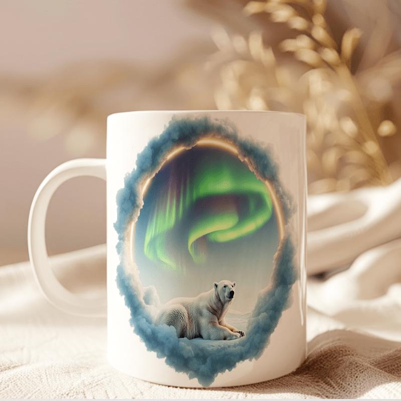 Tailorly White Ceramic 11 oz Mug - Shimmering Green Northern Lights Dancing Over A Majestic Arctic Polar Bear