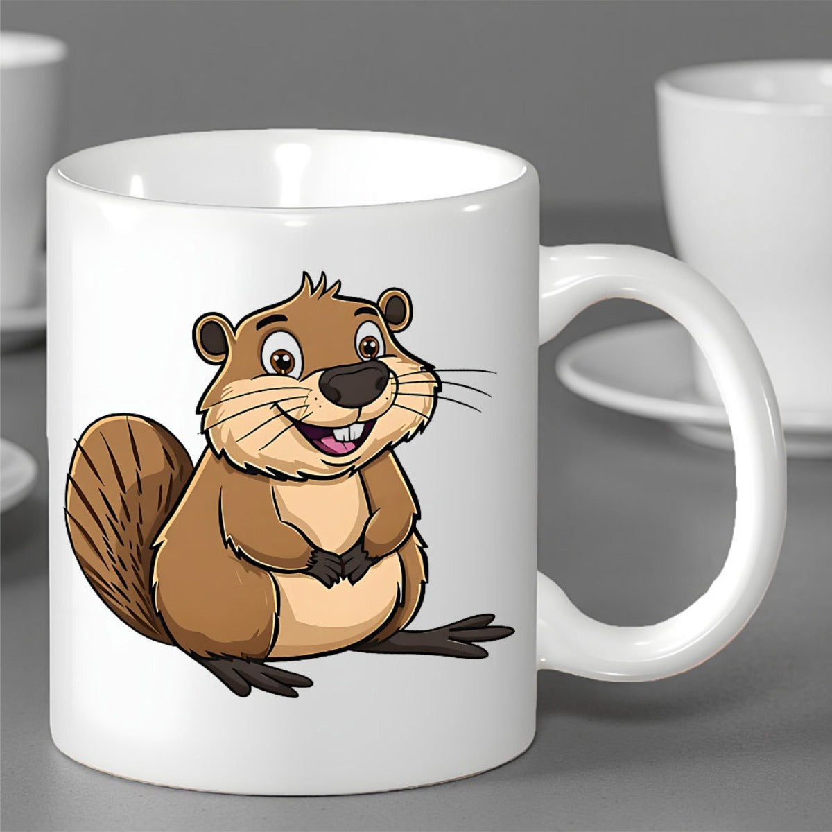 Tailorly White Ceramic 11 oz Mug - Cheerful Brown Cartoon Character Sitting Comfortably With A Large Flat Tail Beaver