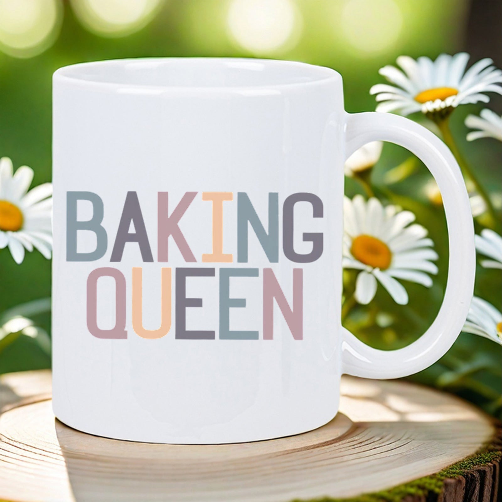 Tailorly White Ceramic 11 oz Mug - Baking Queen Colorful Block Letters Arranged In Two Rows On White Surface Lettering