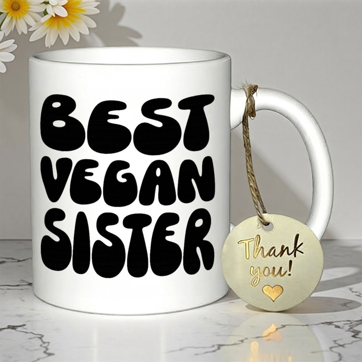 Tailorly White Ceramic 11 oz Mug - Best Vegan Sister Retro Bubble Style Lettering On Smooth Mug