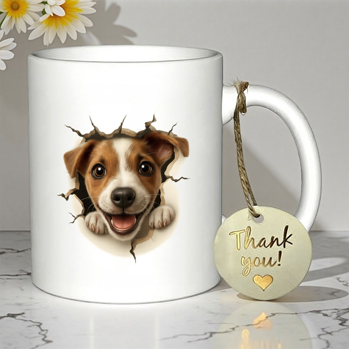 Tailorly White Ceramic 11 oz Mug - Thank You Smiling Brown And White Puppy Peeking Through A Realistic Cracked Surface Puppy