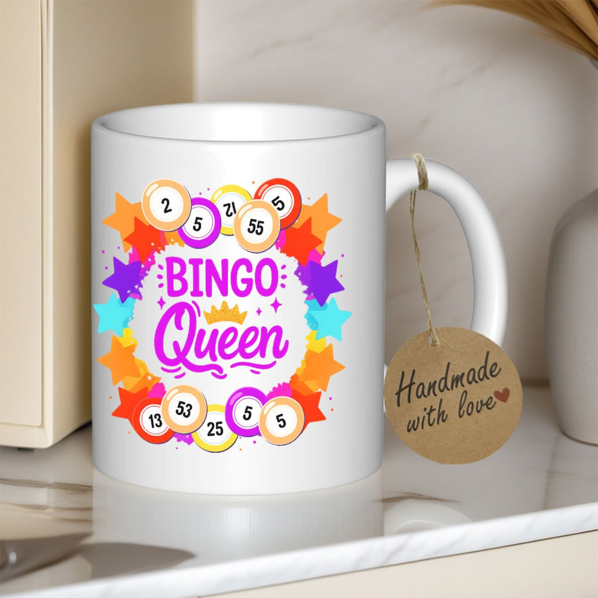 Tailorly White Ceramic 11 oz Mug - Bingo Queen Colorful Stars Surrounding Numbered Spheres In A Vibrant Circular Arrangement Bingo Balls