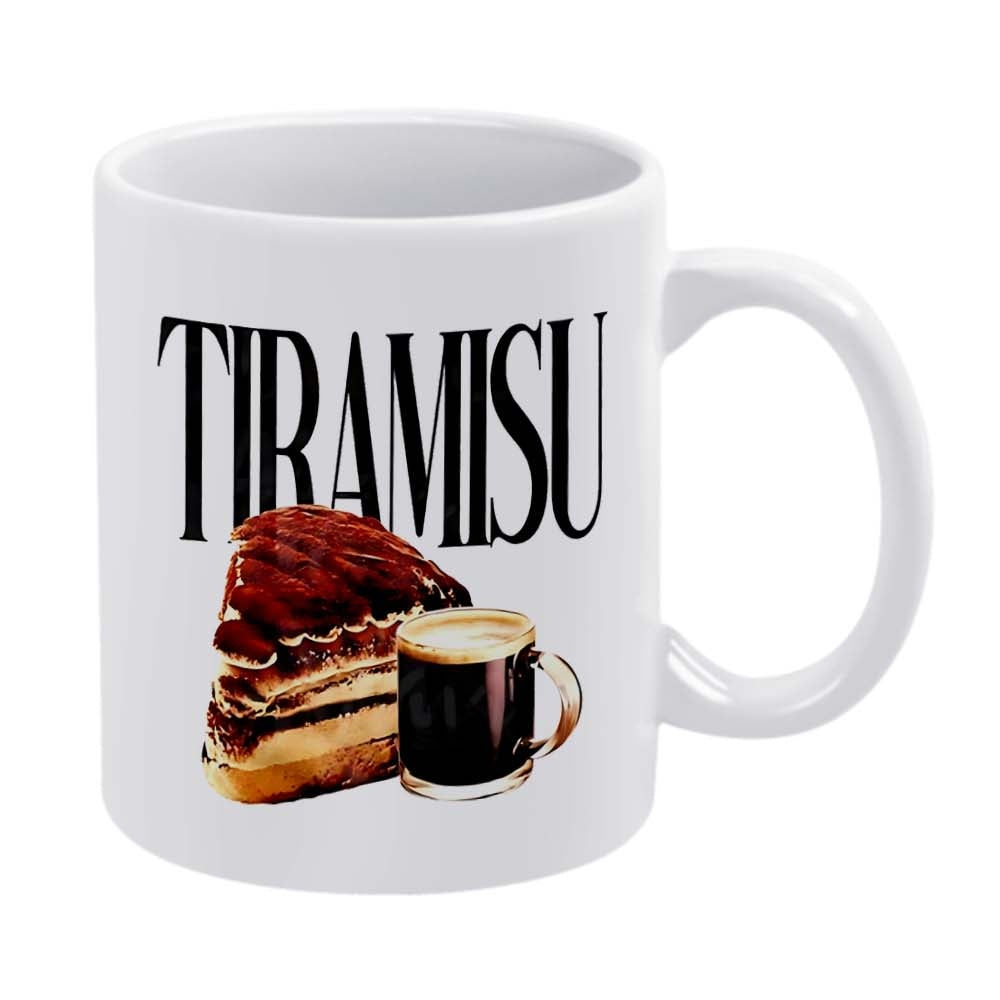 Tailorly White Ceramic 11 oz Mug - Tiramisu Delicious Slice Of Cake Beside Small Cup Of Black Coffee Tiramisu