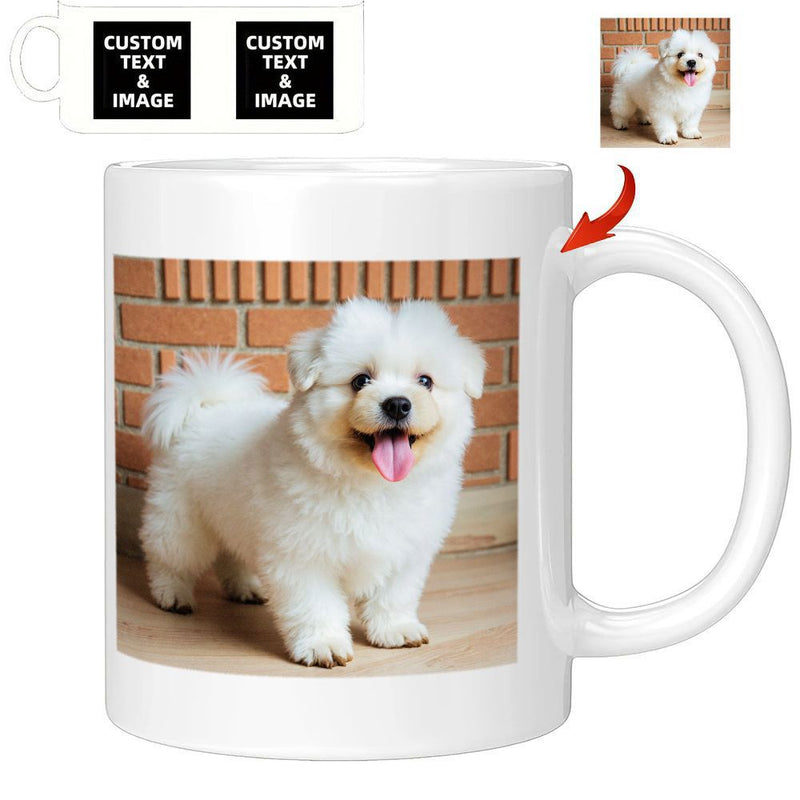 Tailorly White Ceramic 11 oz Mug - Custom Text Image Adorable Small White Fluffy Dog Standing Before Textured Brick Wall Dog