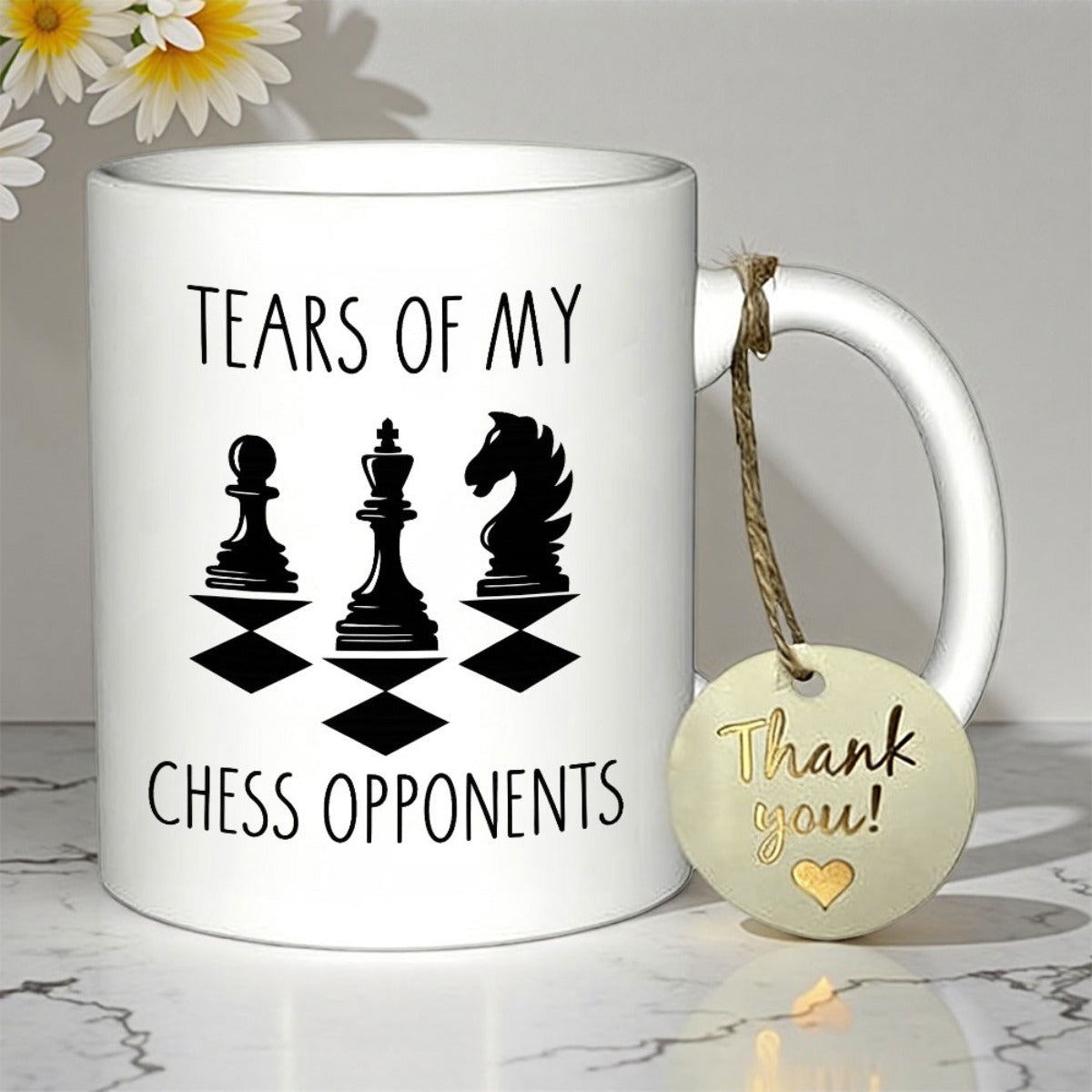 Tailorly White Ceramic 11 oz Mug - Tears Of My Chess Opponents Classic Silhouettes Of Pawn King And Knight On Diamond Bases Chess