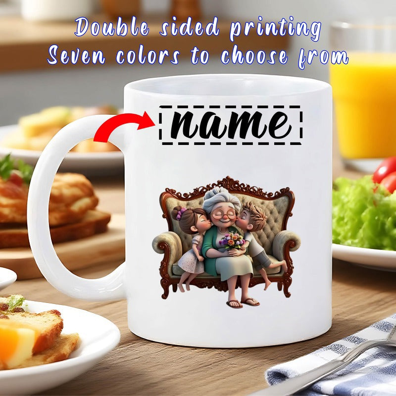 Tailorly White Ceramic 11 oz Mug - Name Loving Grandchildren Kissing A Caring Woman Sitting On Ornate Sofa Grandmother