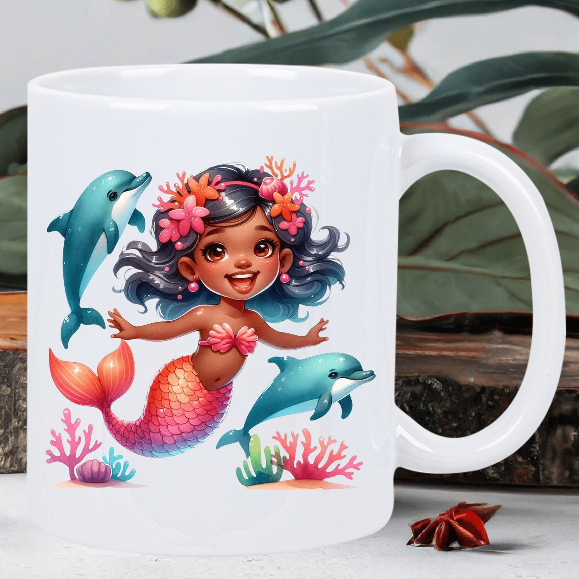 Tailorly White Ceramic 11 oz Mug - Vibrant Cute Swimming With Playful Dolphins Among Colorful Coral Reef Mermaid