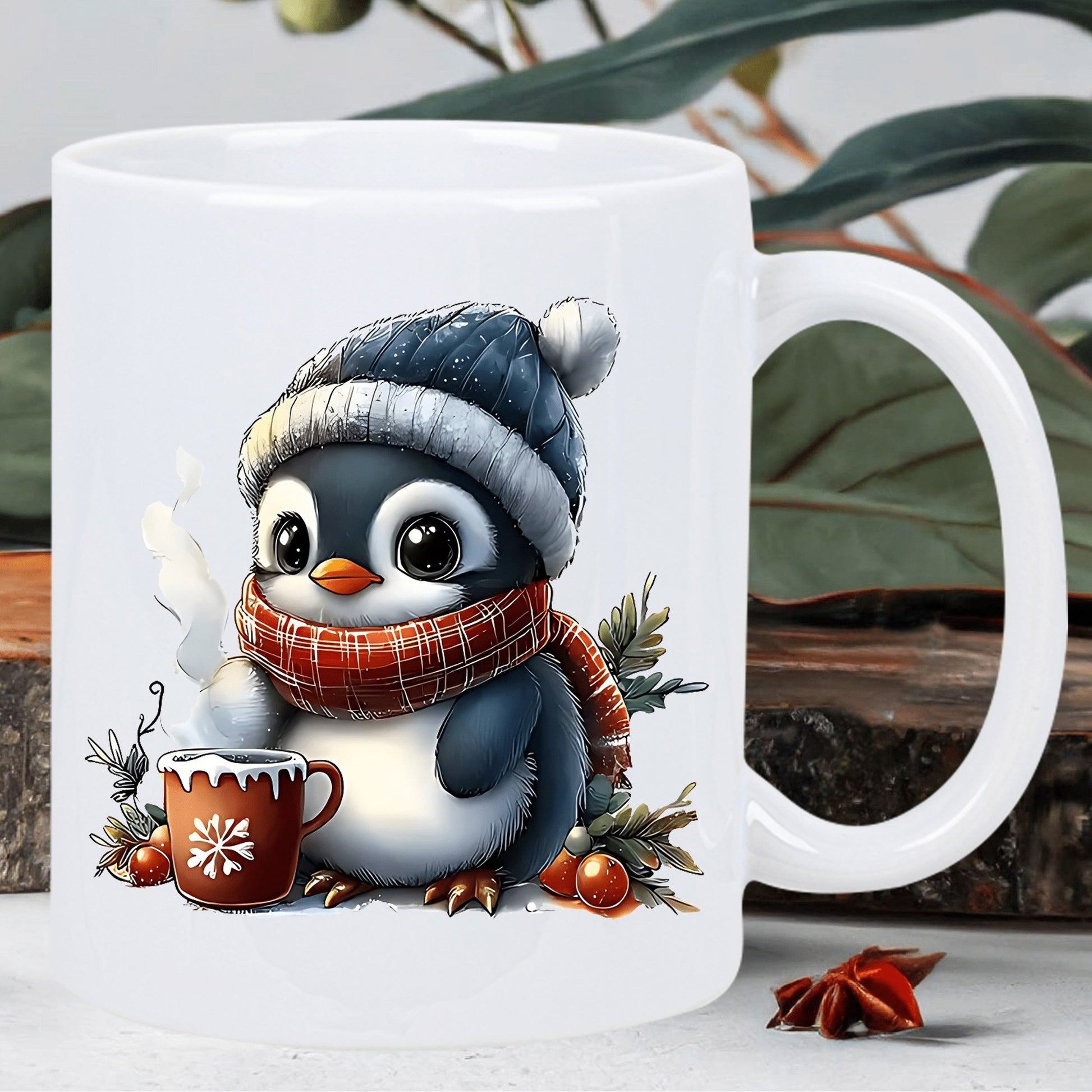 Tailorly White Ceramic 11 oz Mug - Adorable Little Bird Wearing Knit Beanie And Scarf Holding Warm Cocoa Penguin