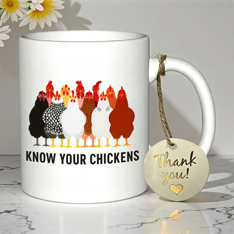 Tailorly White Ceramic 11 oz Mug - Know Your Chickens Diverse Colorful Array Of Different Farm Poultry Breeds Chicken