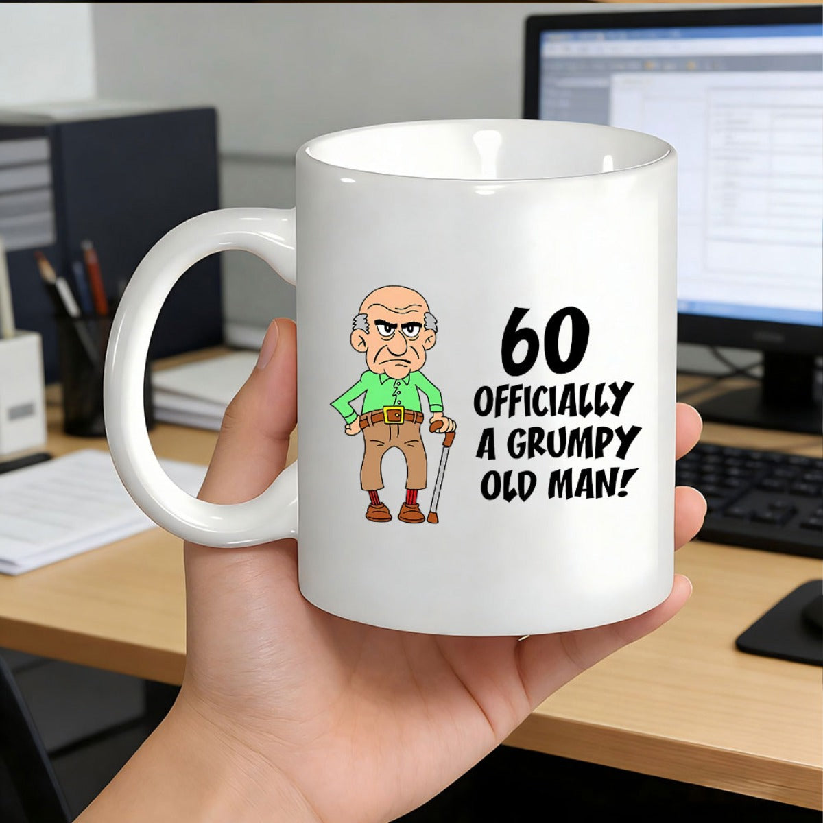 Tailorly White Ceramic 11 oz Mug - 60 Officially A Grumpy Old Man Cartoon Angry Senior Citizen Leaning On A Brown Walking Cane Man