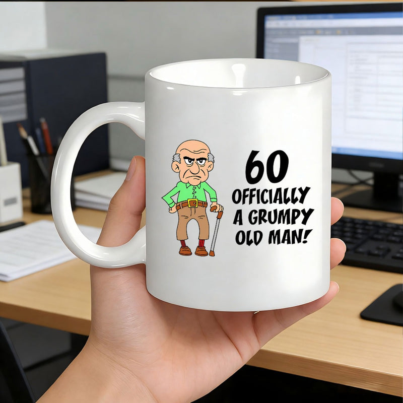 Tailorly White Ceramic 11 oz Mug - 60 Officially A Grumpy Old Man Cartoon Angry Senior Citizen Leaning On A Brown Walking Cane Man