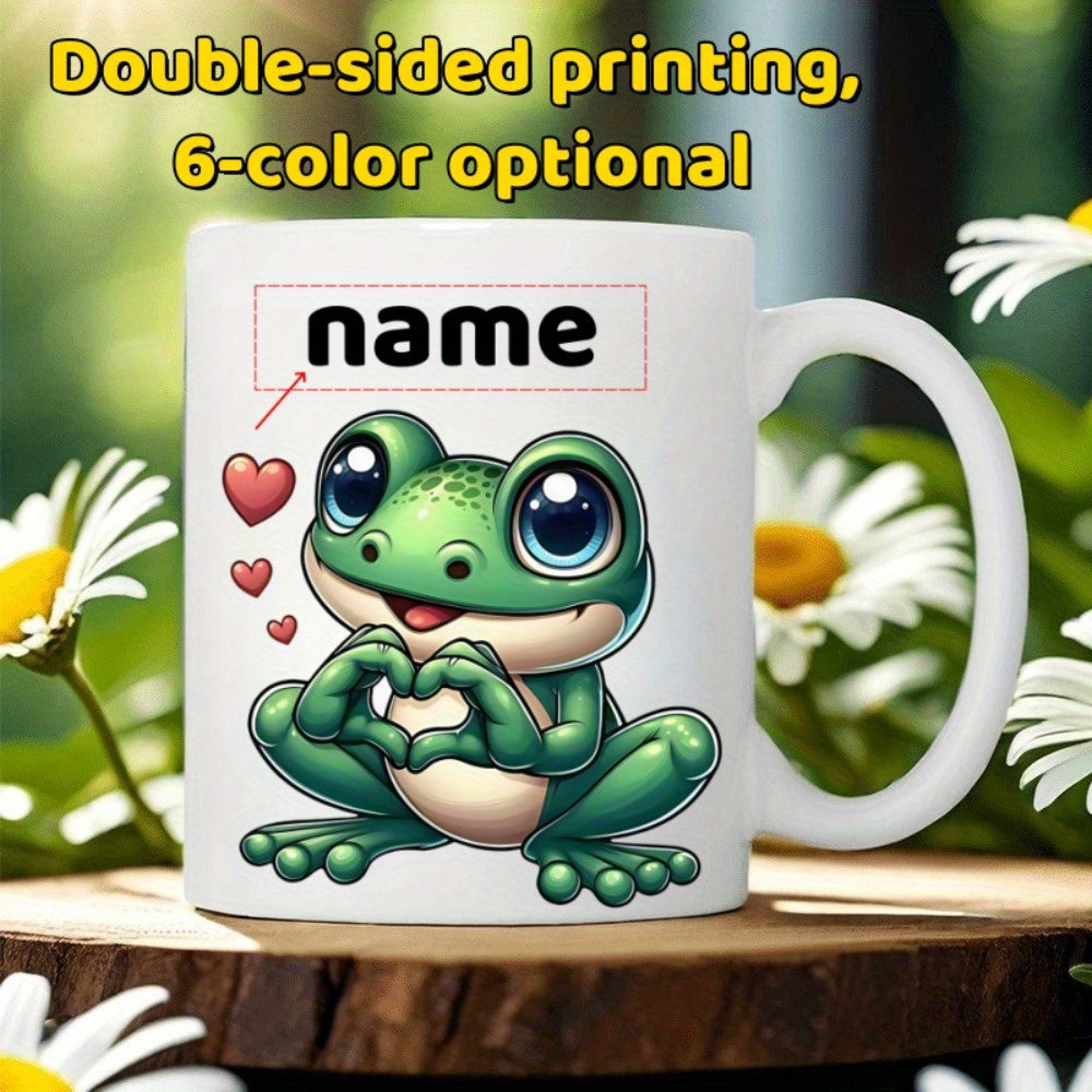 Tailorly White Ceramic 11 oz Mug - Name Adorable Green Cartoon Frog Making Heart Gesture Surrounded By Floating Hearts Frog