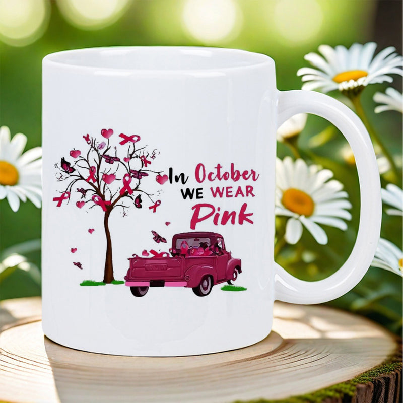 Tailorly White Ceramic 11 oz Mug - In October We Wear Pink Artistic Ribbon Tree Beside Vintage Pickup Truck Carrying Hopeful Spirits Truck