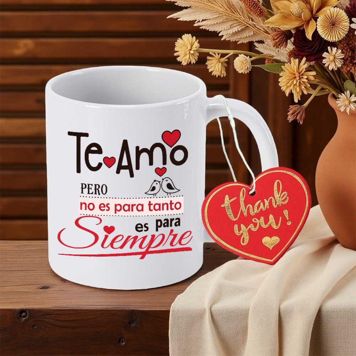 Tailorly White Ceramic 11 oz Mug - Thank You Red Romantic Hearts Featuring Cute Birds And Elegant Script Typography Heart