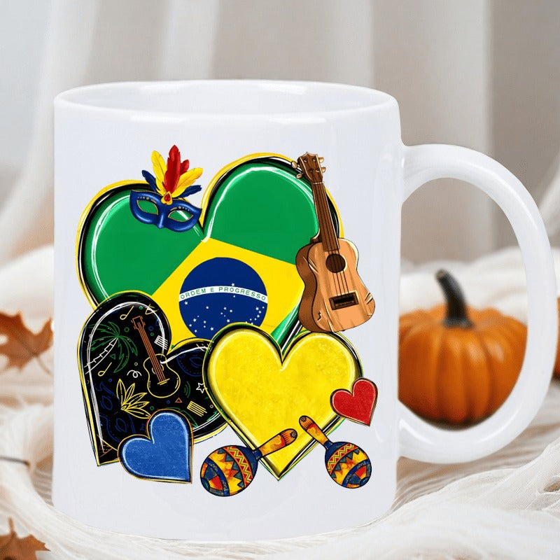 Tailorly White Ceramic 11 oz Mug - Colorful Festive Brazil Theme With Musical Instruments And National Flag Heart