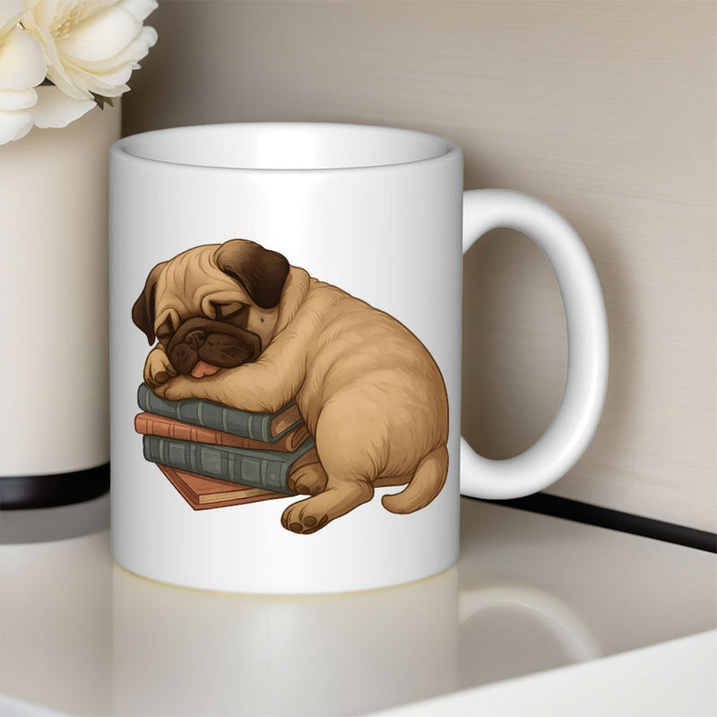 Tailorly White Ceramic 11 oz Mug - Adorable Sleepy Dog Resting Comfortably On A Stack Of Hardcover Books Pug