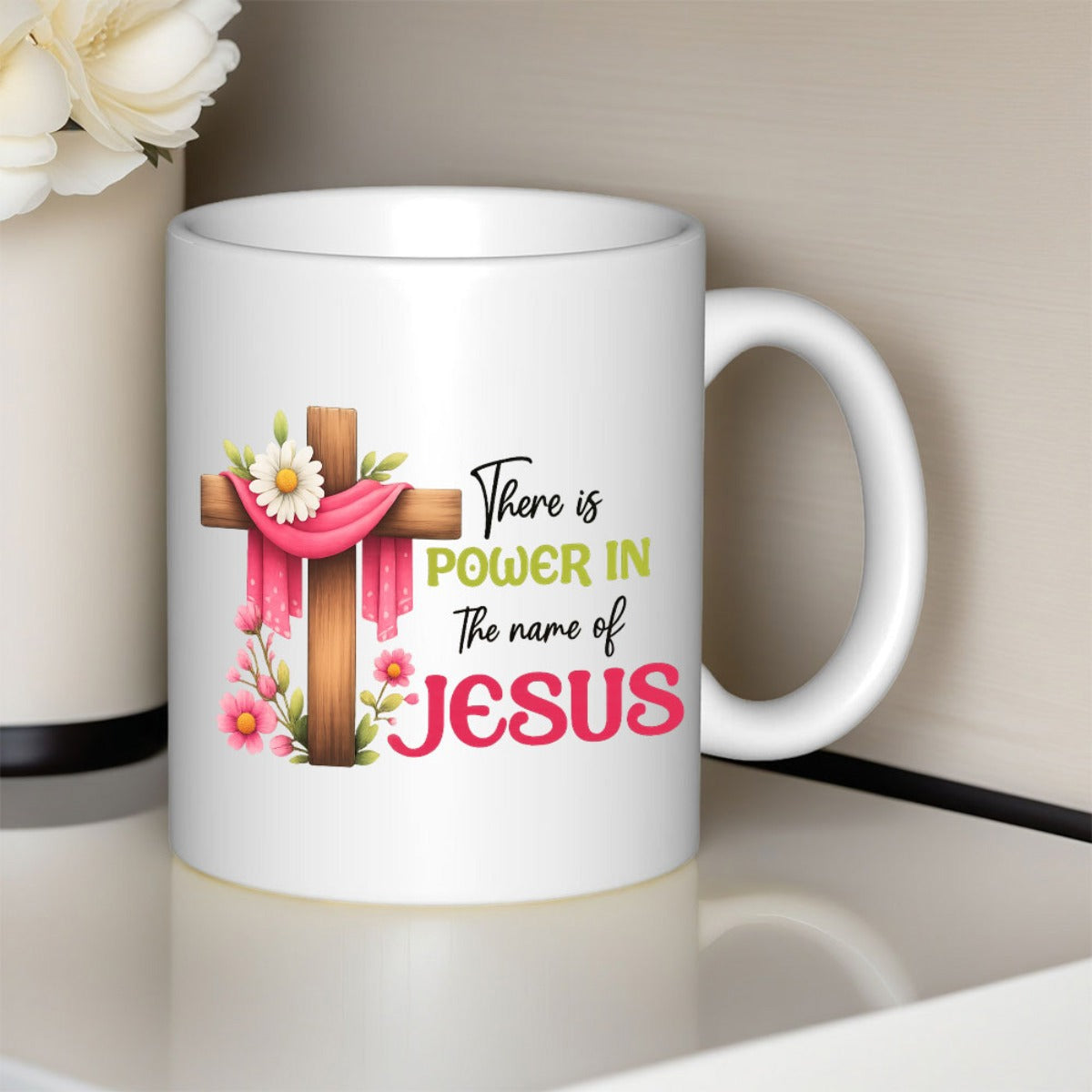 Tailorly White Ceramic 11 oz Mug - There Is Power In The Name Of Jesus Decorative Wooden Cross Adorned With Pink Fabric And Delicate Flowers Cross