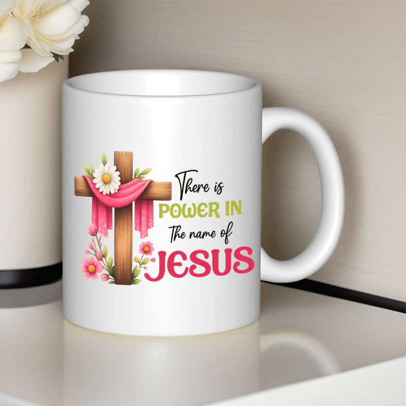 Tailorly White Ceramic 11 oz Mug - There Is Power In The Name Of Jesus Decorative Wooden Cross Adorned With Pink Fabric And Delicate Flowers Cross