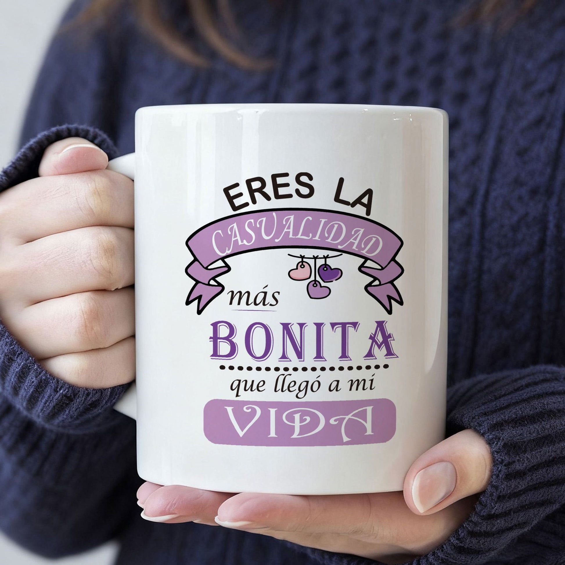 Tailorly White Ceramic 11 oz Mug - Simple Purple Banner With Three Small Hanging Hearts And Romantic Sentiment Hearts