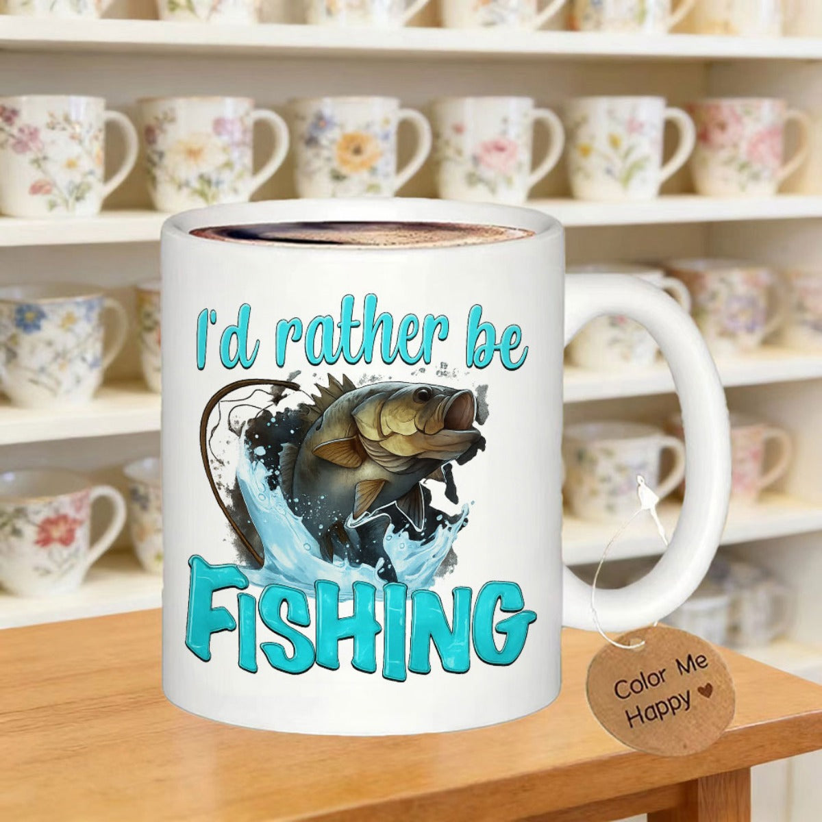 Tailorly White Ceramic 11 oz Mug - Id Rather Be Fishing Majestic Bass Jumping From Splashing Water Near A Hook Fish