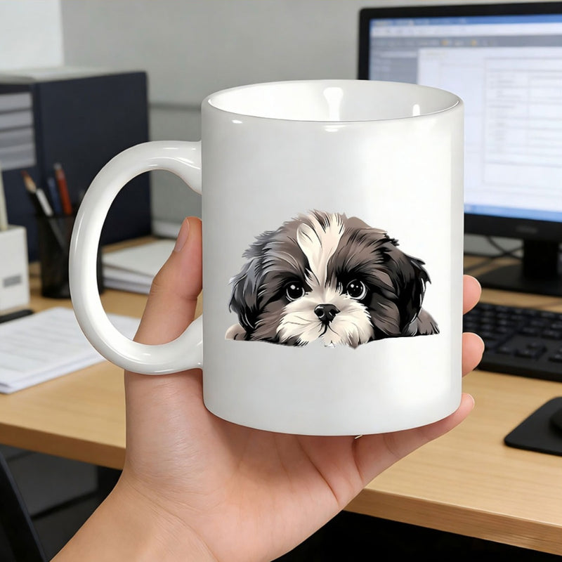 Tailorly White Ceramic 11 oz Mug - Adorable Fluffy Black And White Dog Peeking Over Simple Flat Surface Puppy