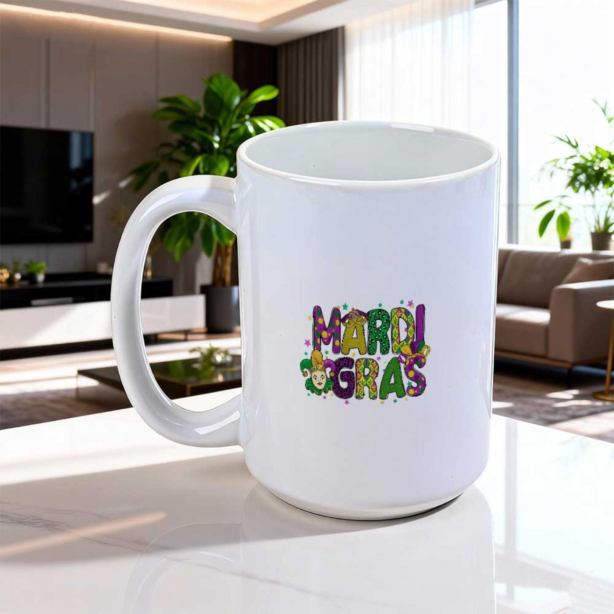 Tailorly White Ceramic 11 oz Mug - Mardi Gras Vibrant Purple Green And Gold Colors Featuring Festive Decorative Carnival Elements Mug