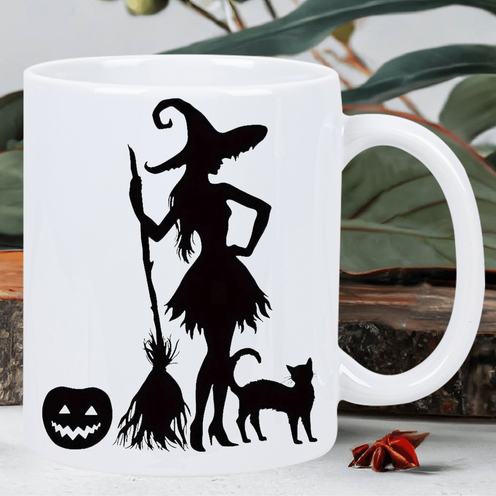 Tailorly White Ceramic 11 oz Mug - Elegant Black Silhouette Holding Broomstick With Cat And Pumpkin Witch