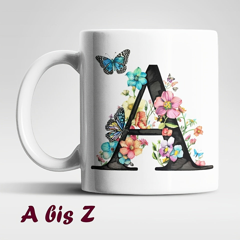 Tailorly White Ceramic 11 oz Mug - Elegant Colorful Floral Pattern With Vibrant Butterflies Surrounding The Large Black Letter