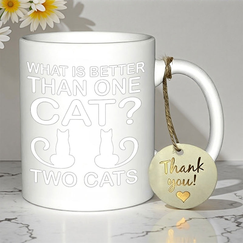 Tailorly White Ceramic 11 oz Mug - What Is Better Than One Cat Two Cats Minimalist White Outlines Of Playful Kittens On Ceramic Mug