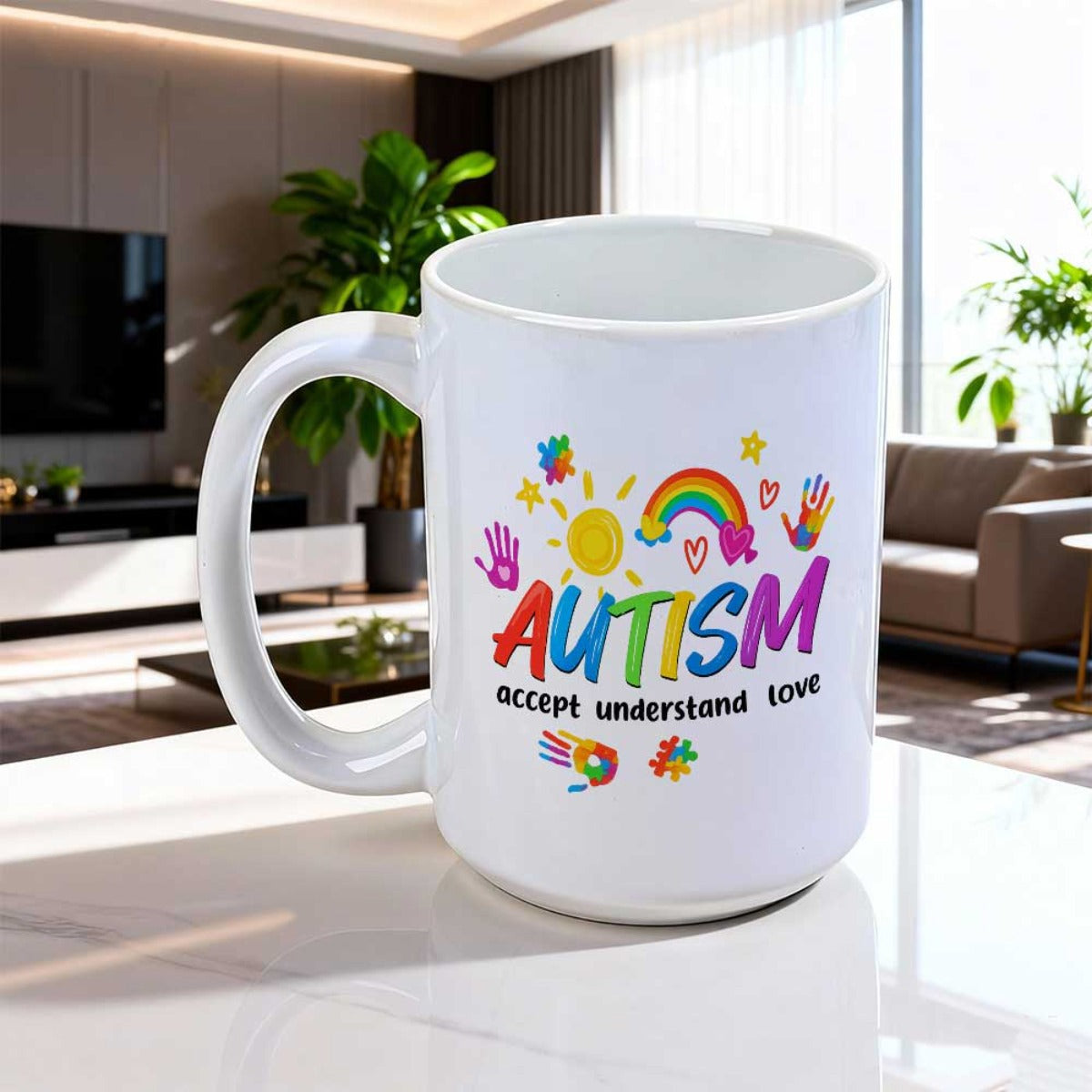 Tailorly White Ceramic 11 oz Mug - Autism Accept Understand Love Colorful Rainbow With Puzzle Pieces And Handprints Under Golden Sun Mug
