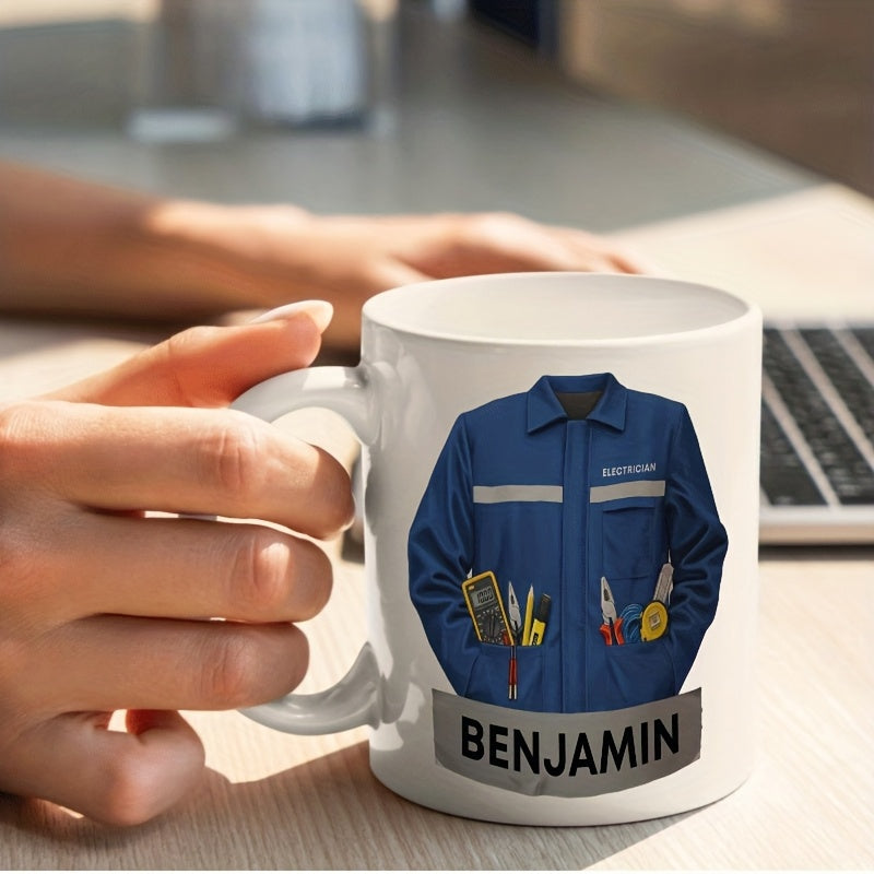 Tailorly White Ceramic 11 oz Mug - Benjamin Detailed Blue Mechanic Uniform Above A Grey Name Banner With Tools Jumpsuit