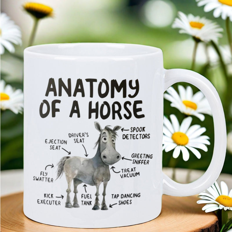 Tailorly White Ceramic 11 oz Mug - Anatomy Of A Horse Funny Cartoon Grey Stallion Featuring Various Humorous Body Part Labels Horse
