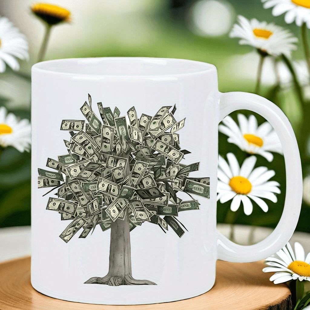 Tailorly White Ceramic 11 oz Mug - Majestic Growing Money Tree With Detailed Currency Leaves Prosperous Concept Tree