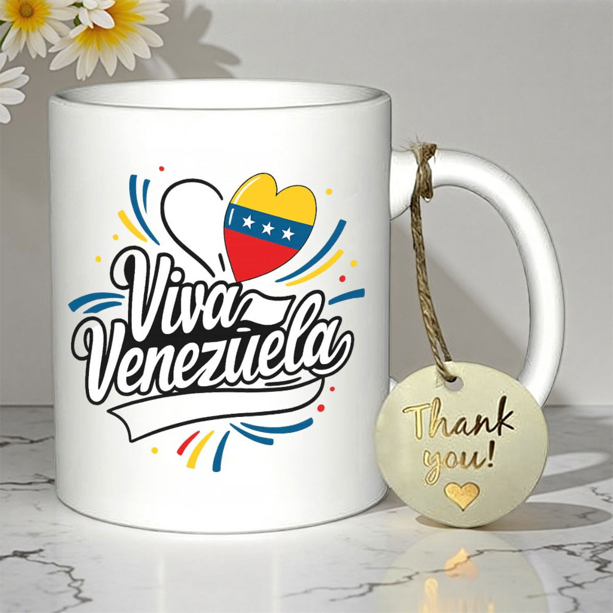 Tailorly White Ceramic 11 oz Mug - Viva Venezuela Artistic Patriotic Colors With National Flag Theme Surrounded By Dynamic Splash Lines Heart