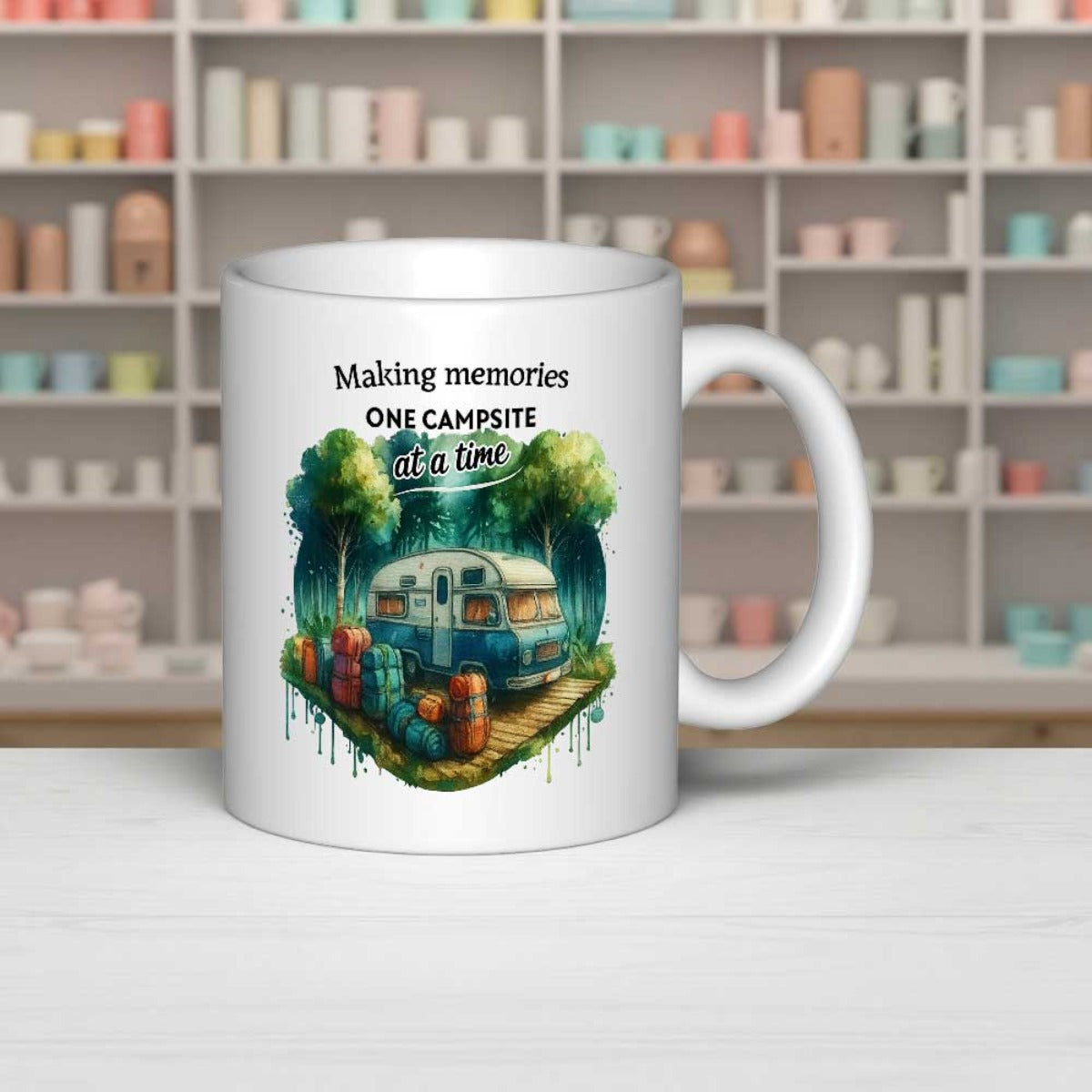 Tailorly White Ceramic 11 oz Mug - Making Memories One Campsite At A Time Lush Green Forest With Vintage Travel Trailer Parked Under Shady Trees Trailer