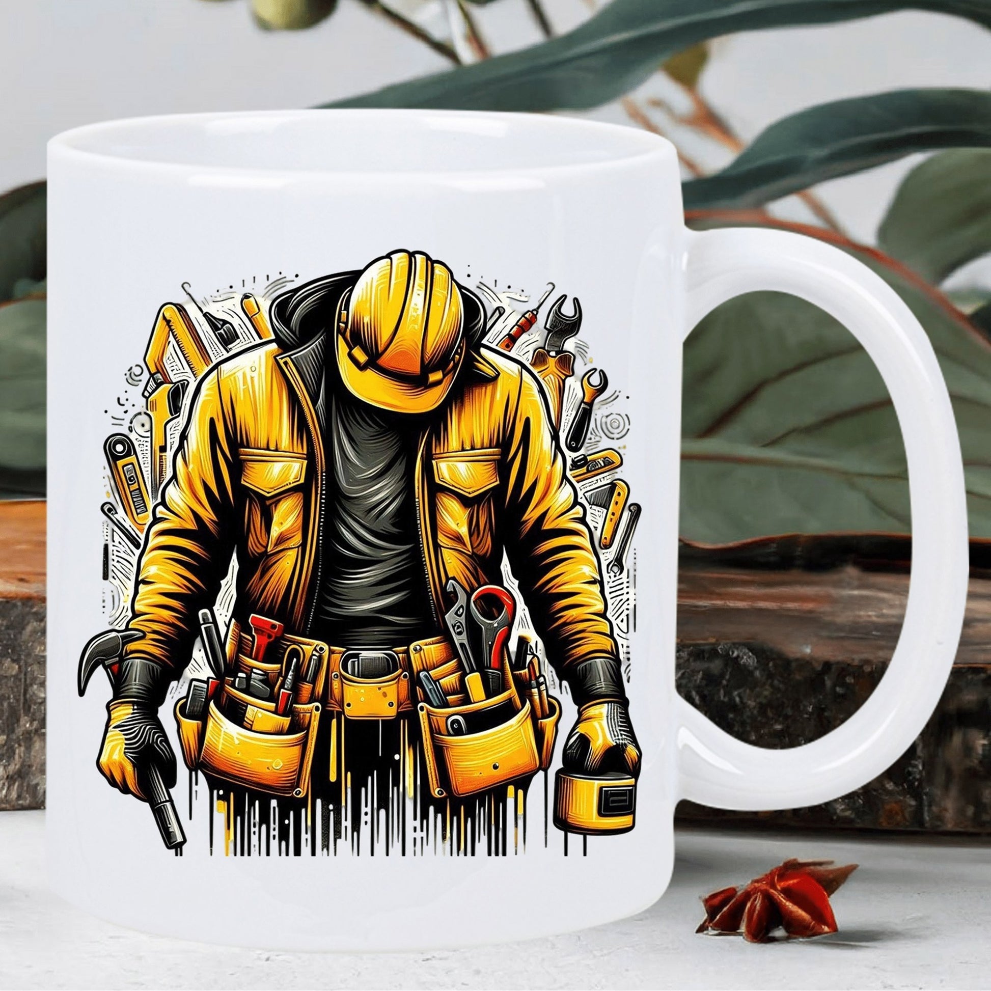Tailorly White Ceramic 11 oz Mug - Professional Handyman In Yellow Safety Gear With Detailed Tool Belt Laborer